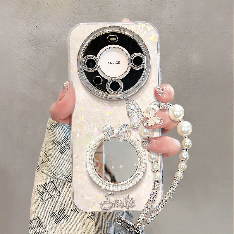 珍珠镜子手链适用华为手机壳女款自带镜头膜高级感全包防摔保护套