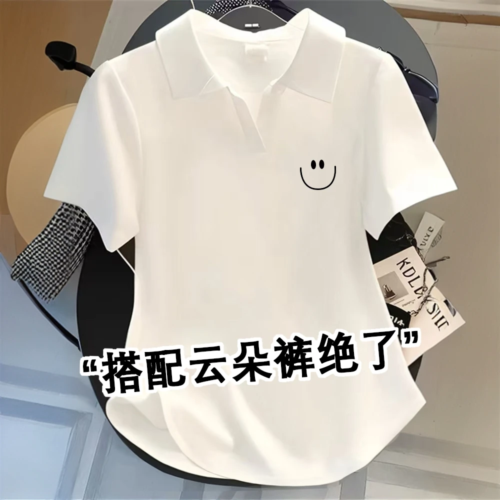 夏季新款百搭圆弧下摆设计白色t恤搭配云朵裤潮流上衣POLO领短袖