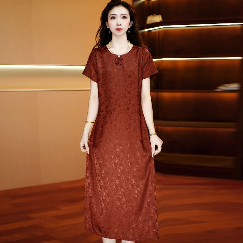 橘韵雅花盘扣裙 气质中长款时连衣裙百搭遮肉裙子