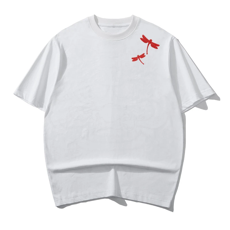 2025夏季国潮蜻蜓刺绣新款男士T恤透气舒适纯棉T恤潮流百搭圆领