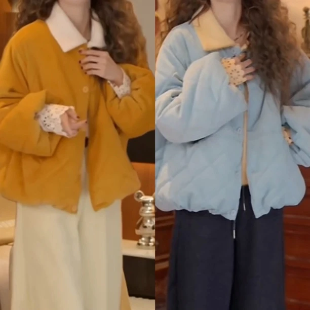 加厚保暖圆领菱格棉服女冬季宽松百搭高级感长袖港风复古棉衣外套