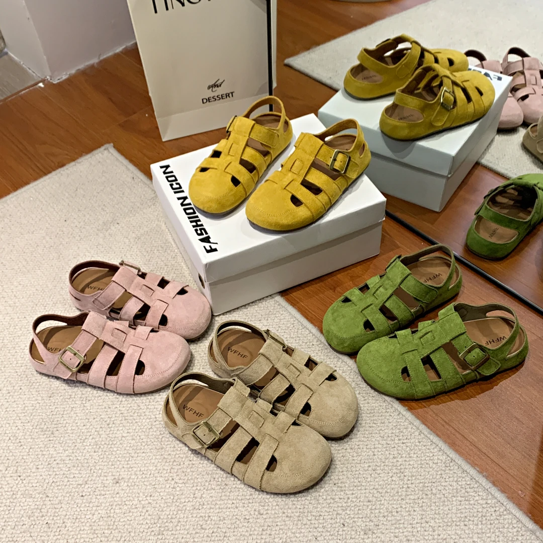 夏季运动凉鞋女2025新款厚底复古勃肯鞋轻便镂空猪笼鞋包头罗马鞋