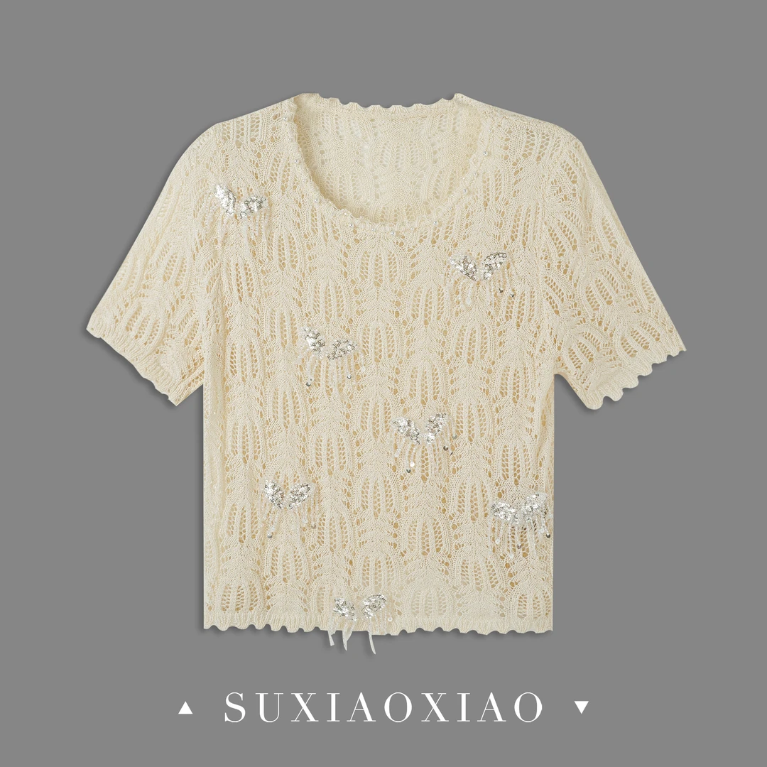 【藏品】618精致亮片蝴蝶串珠流苏钉珠镂空针织上衣圆领短t25MJ1393