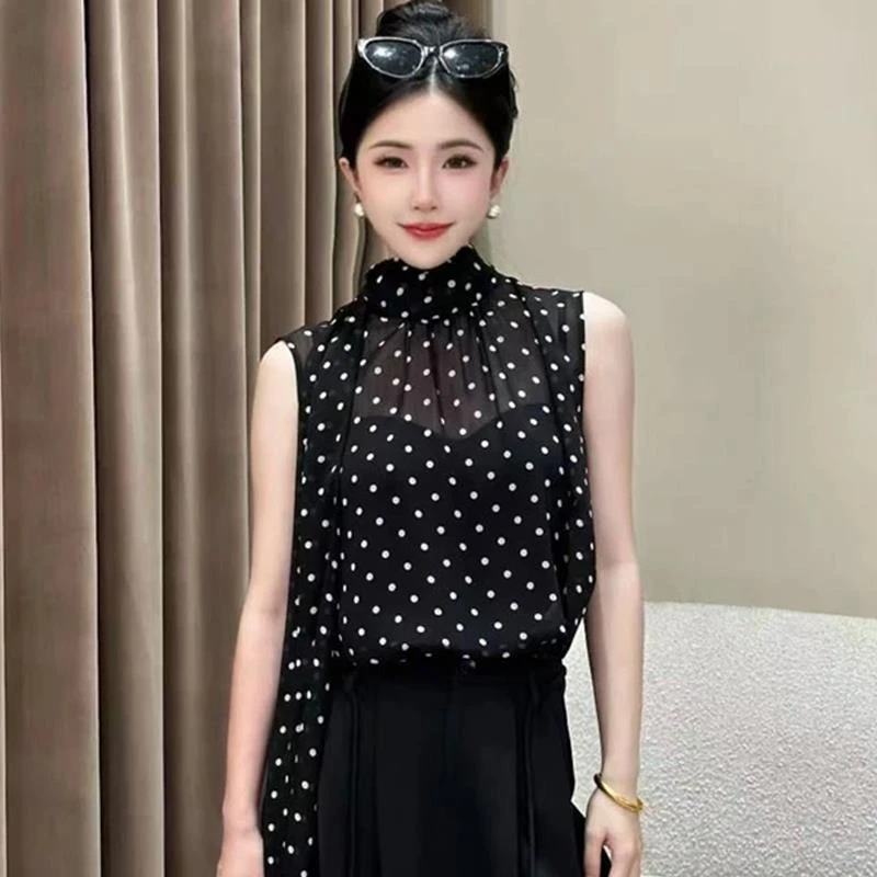 2025夏季新款法式立领波点无袖衬衫女设计感飘带微透修身显瘦上衣