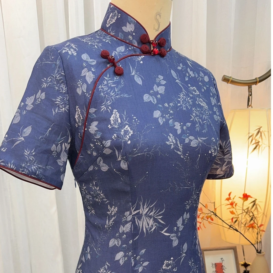 姜姜专属【青花瓷】复古中国风女夏季苎麻日常改良款旗袍裙
