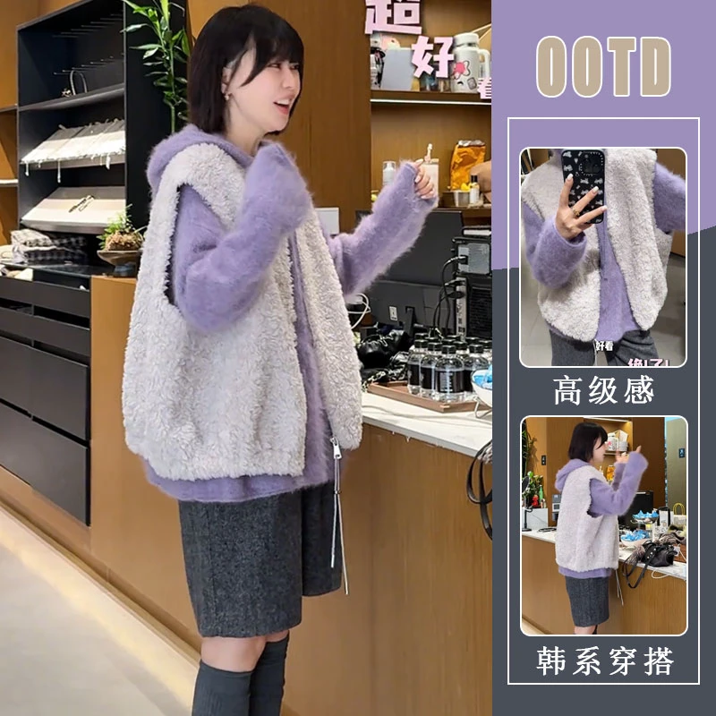 2025冬季韩版时尚洋气保暖毛绒马甲外套连帽针织毛衣短裤三件套装