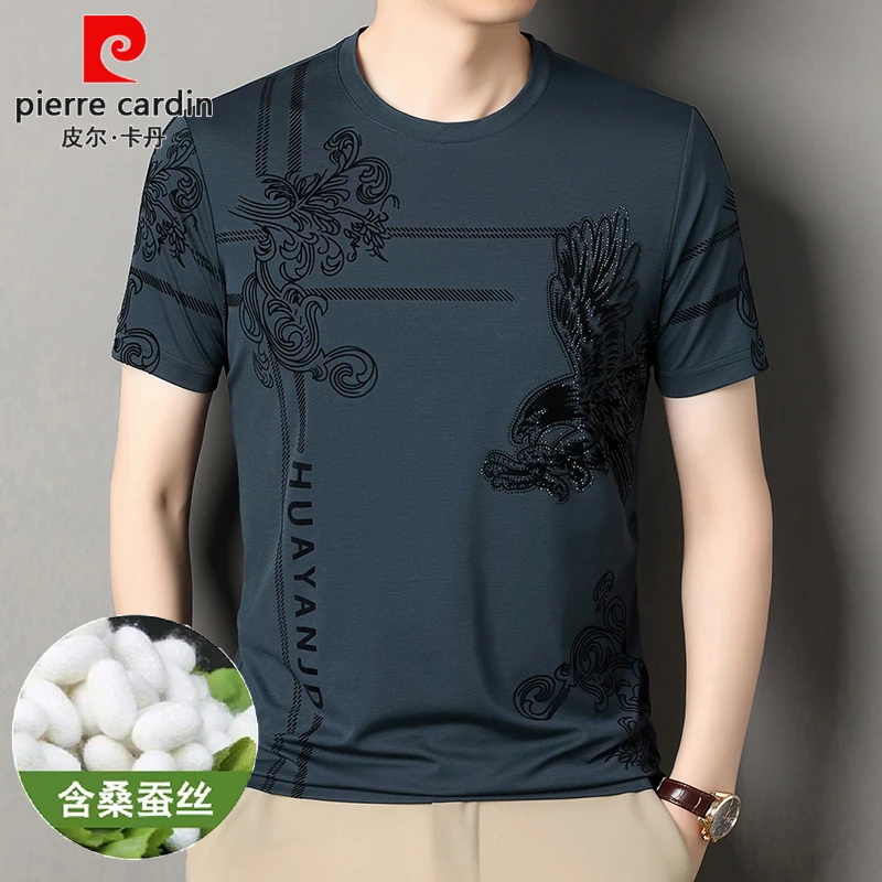 皮尔卡丹桑蚕丝圆领短袖T恤男夏季新款植绒印花时尚休闲大码上衣