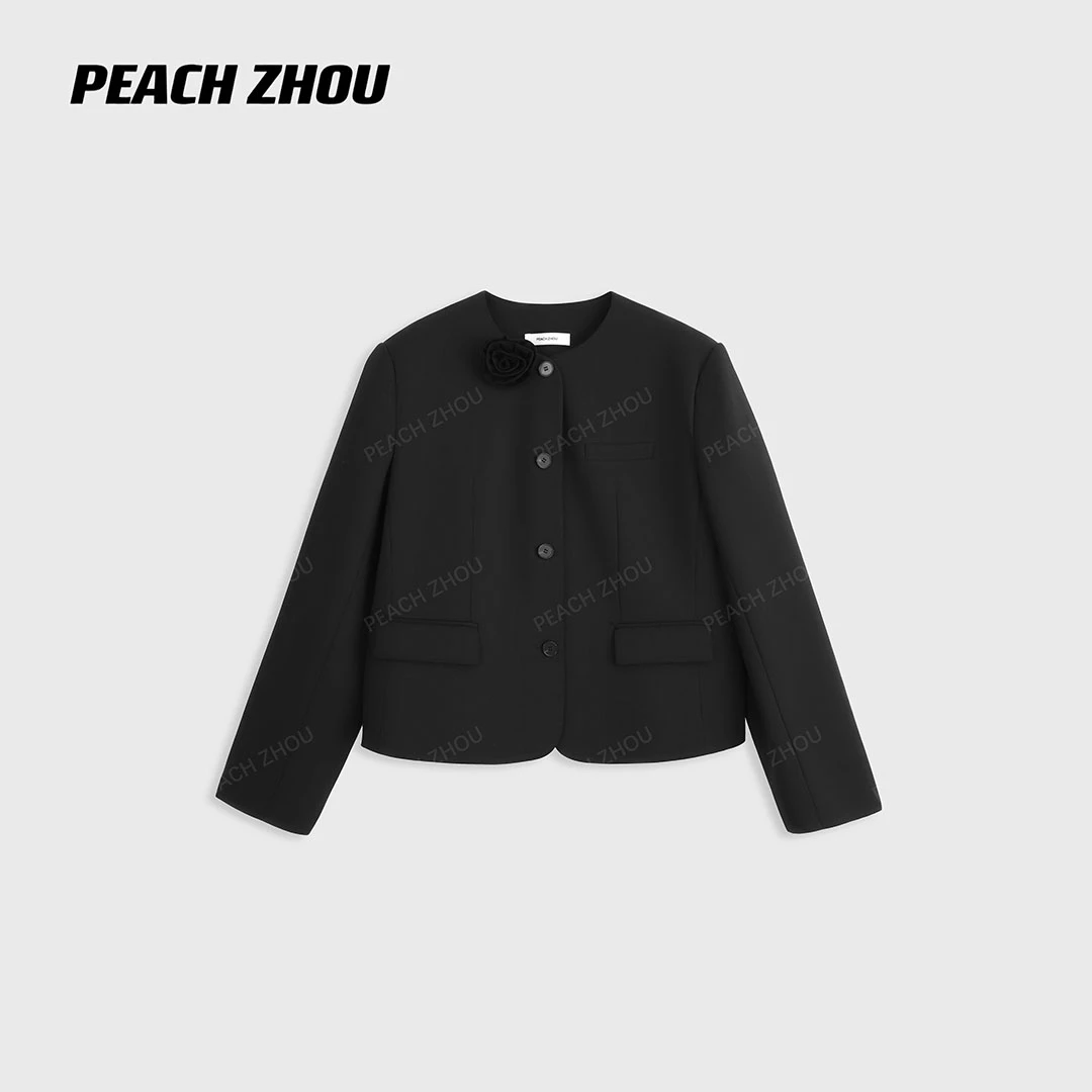 『PEACHZHOU』羊毛圆领山茶花宽松气质高级感小香风系扣西装外套女