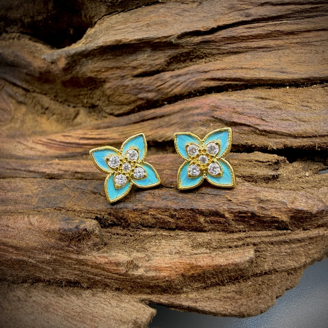 合金羽毛耳饰 鹦鹉羽点翠工艺四叶星耳钉