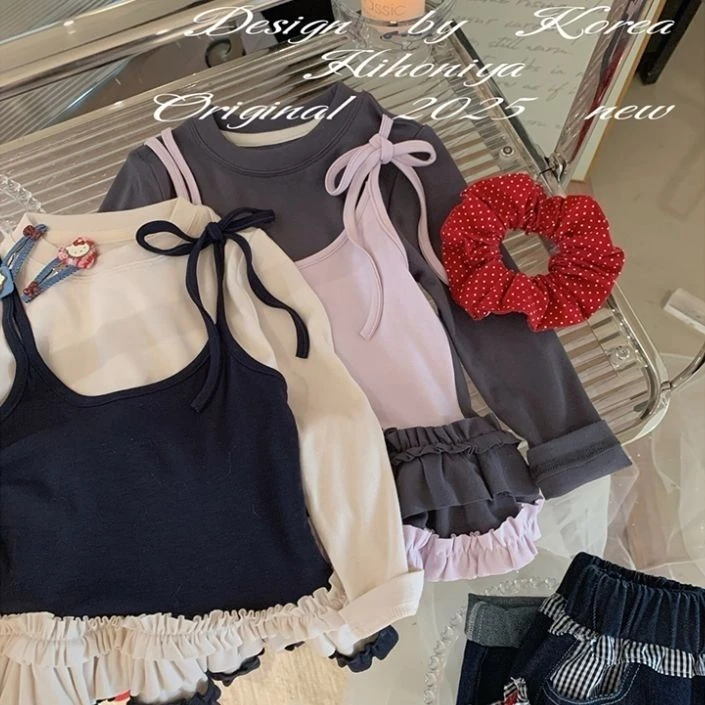 女童假两件T恤2025春季新款宝宝韩系穿搭吊带叠穿上衣长袖打底衫