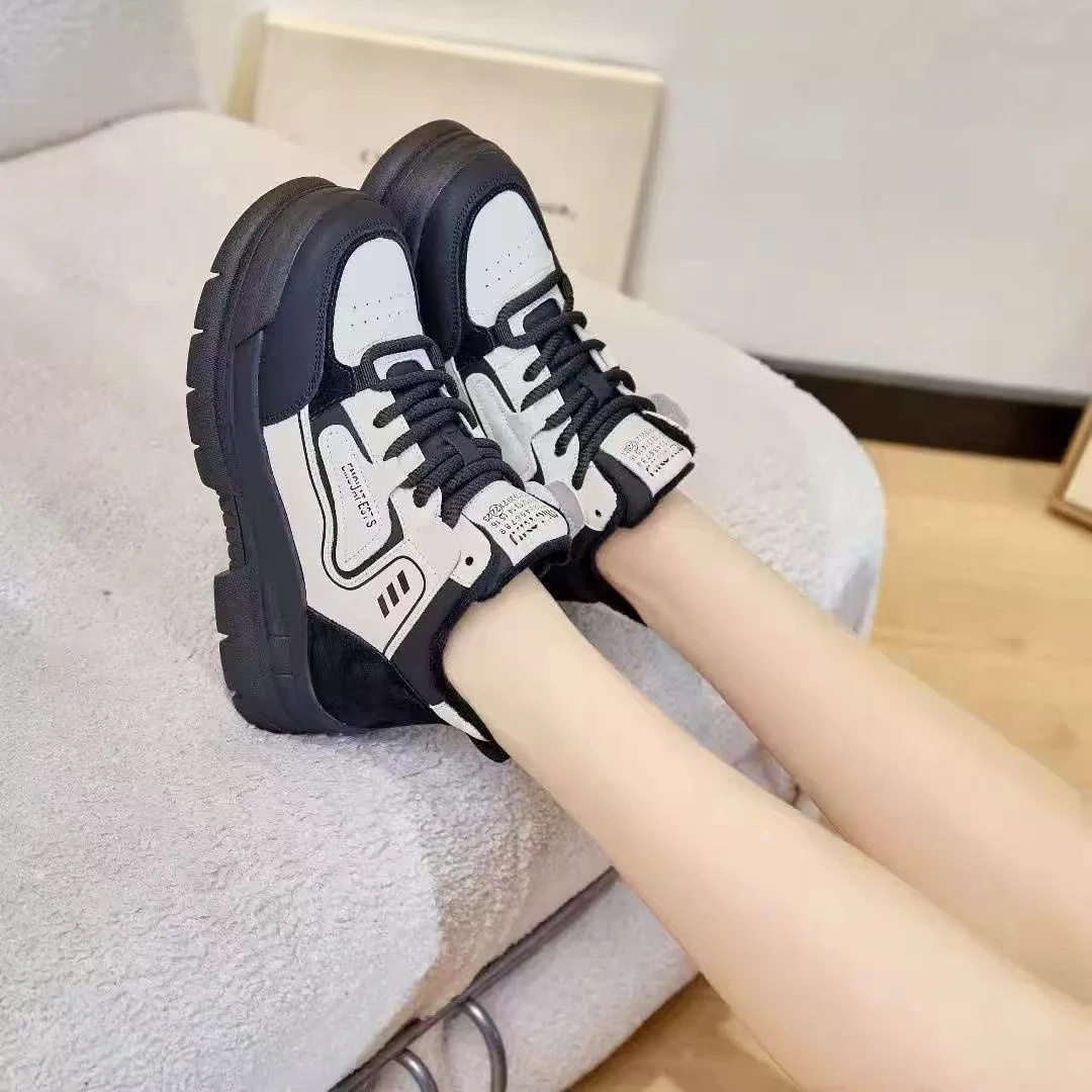 C5020 黑色绒里  时尚圆头系带休闲运动鞋女士高帮鞋