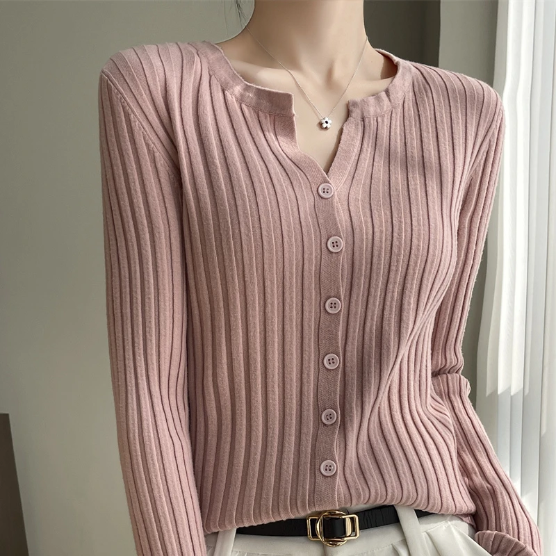 2025新款V领针织开衫外套女短款百搭坑条毛衣女宽松外穿长袖