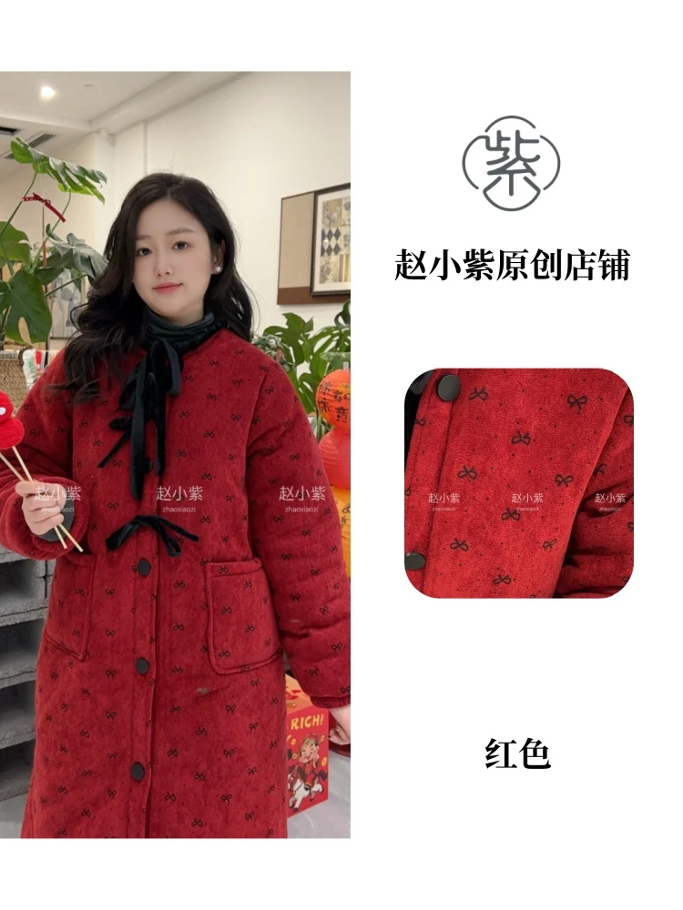 马年红运当头长袍加绒加厚长款睡衣家居服可外穿保暖女款休闲时尚