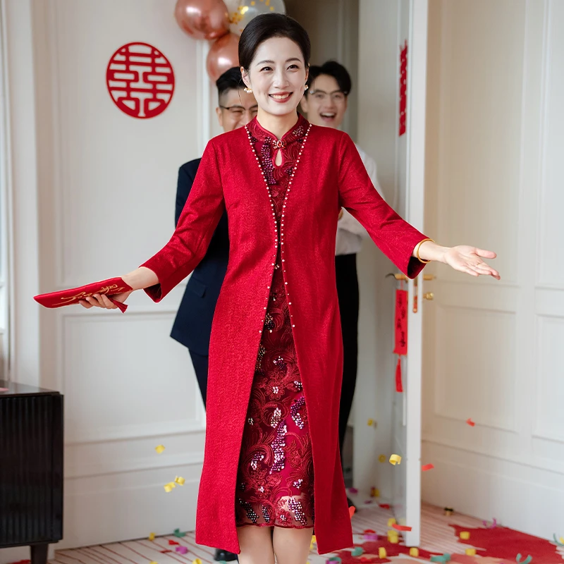 高贵奢华喜婆婆喜妈妈婚宴装2025新款夏装婚礼服装婚庆连衣裙旗袍