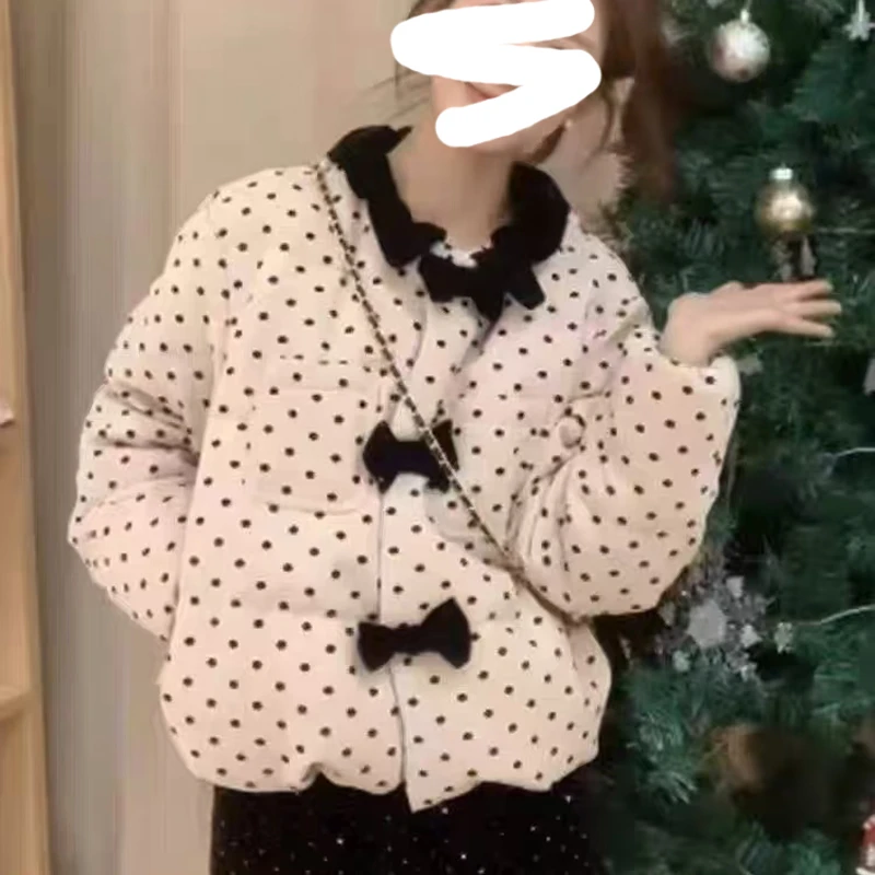 娃娃领蝴蝶结波点棉服甜美减龄棉衣圆点丝绒加厚百搭外套 1601