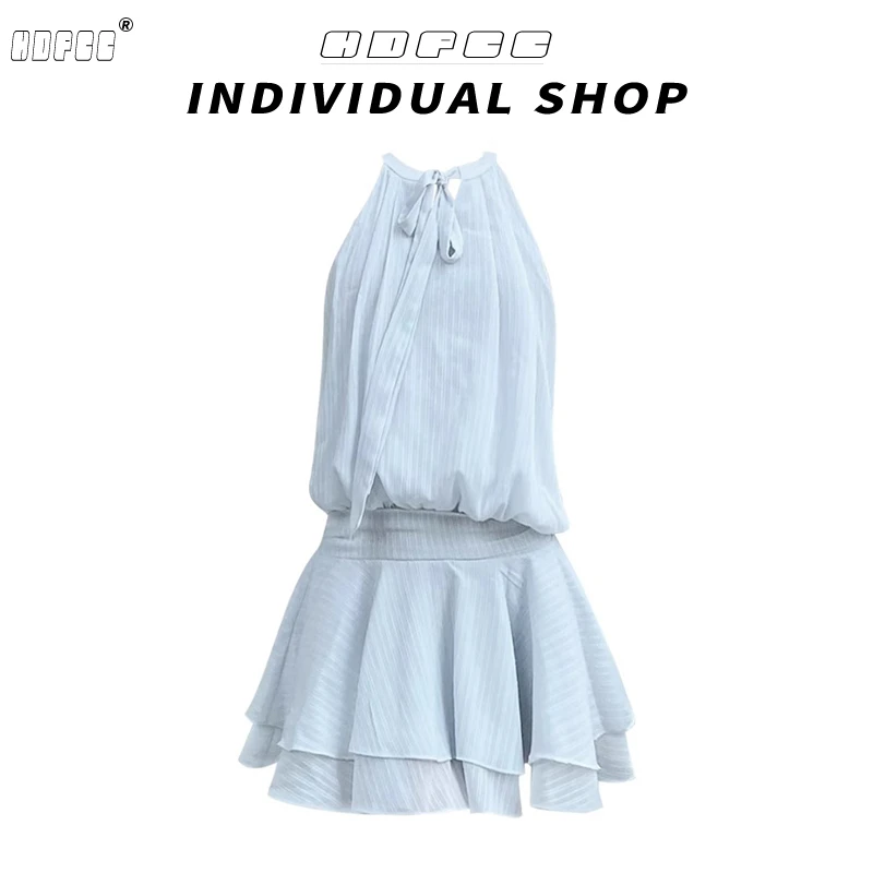 甜美风蝴蝶结系带条纹挂脖连衣裙女2025夏季新款气质减龄显瘦短裙