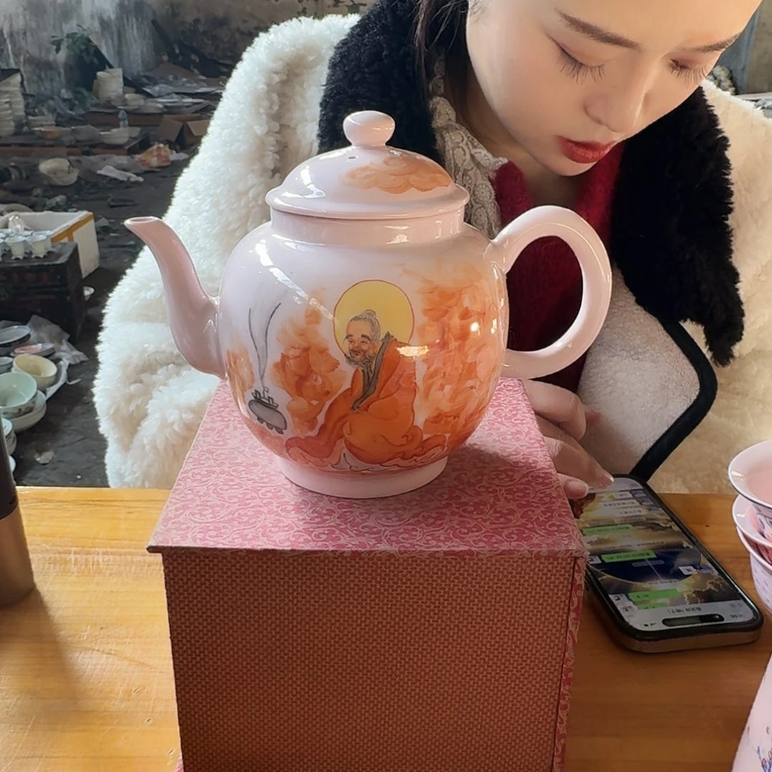 摆件陶景德镇陶瓷红紫xixi人物壶