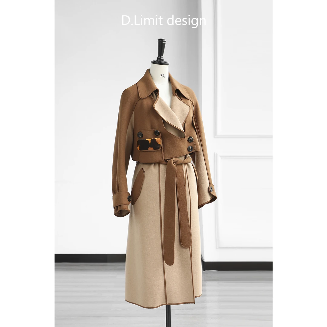 设计师款不对称拼色毛呢外套