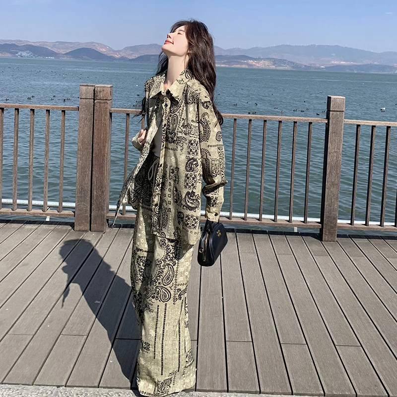 古水墨印花休闲套装女2025年春夏新款宽松显瘦衬衫阔腿裤两件套