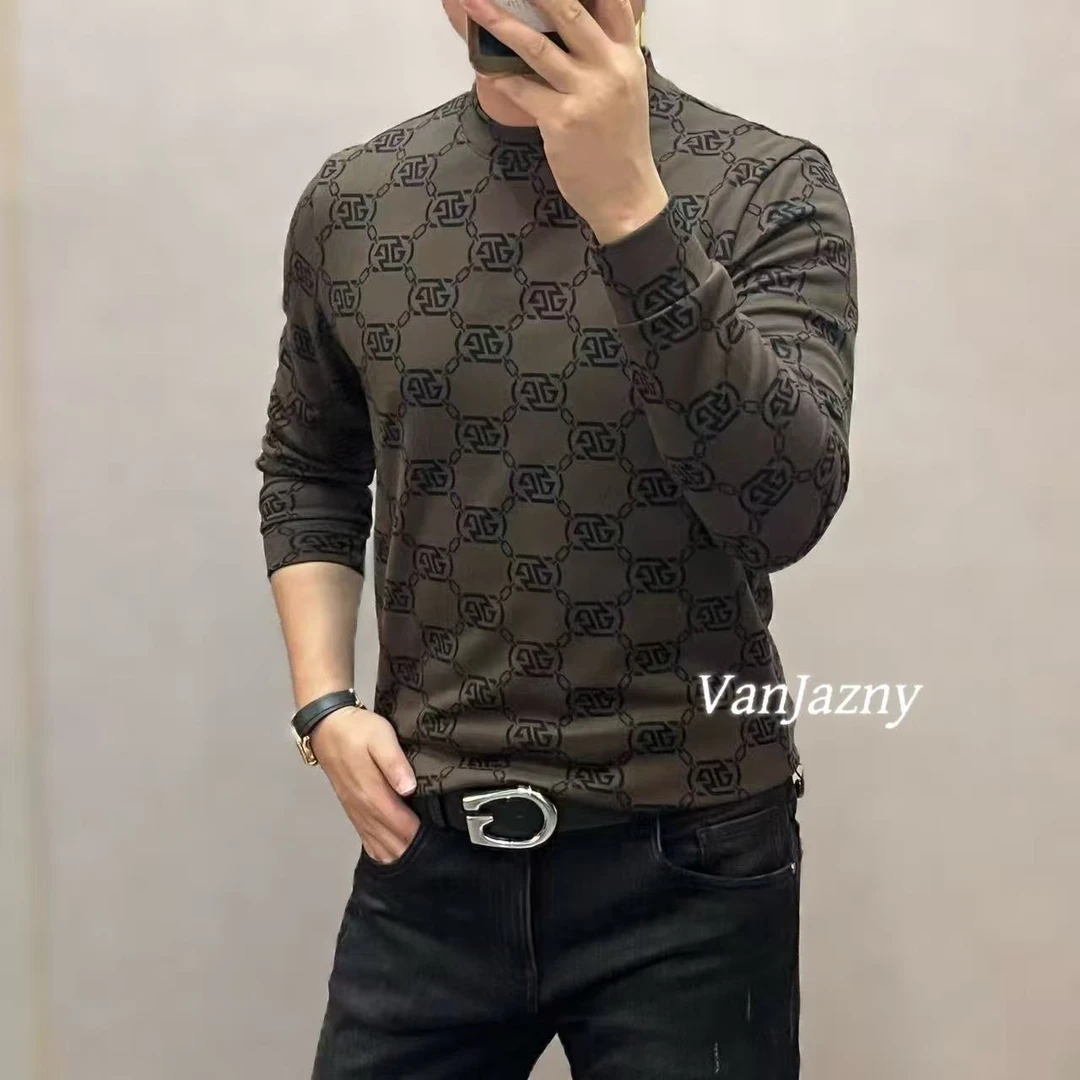 【VanJazny】新款男士时尚潮流字母菱格纹圆领长袖T恤9005