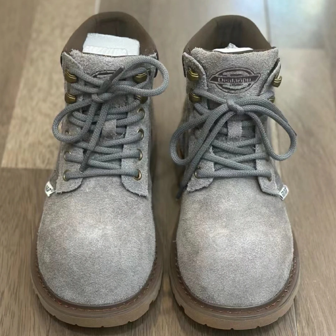 系带学院风鞋子中跟拼色时尚马丁靴女鞋女尖头高帮鞋