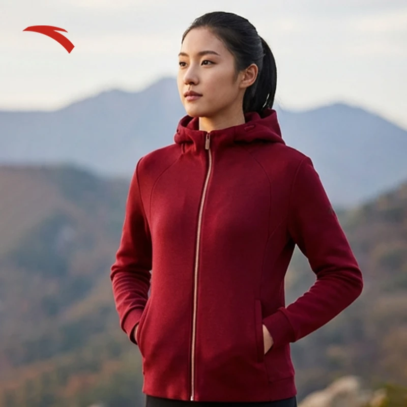 安踏连帽运动外套女士立体剪裁亲肤透气弹力休闲通勤茄克上衣女装