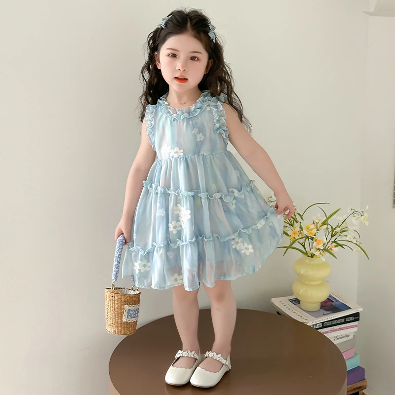 女童扎染刺绣花朵裙子洋气儿童夏季新款女宝宝无袖连衣裙小女孩潮