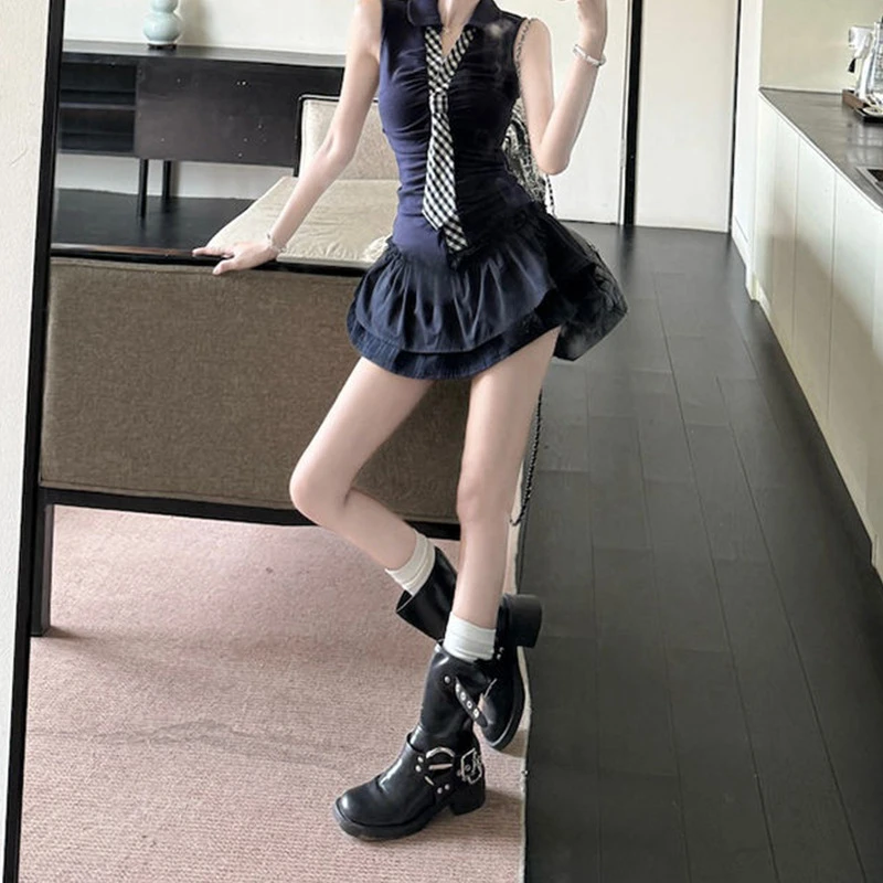 学院风辣妹夏季性感格纹领带上衣搭配木耳边半裙套装