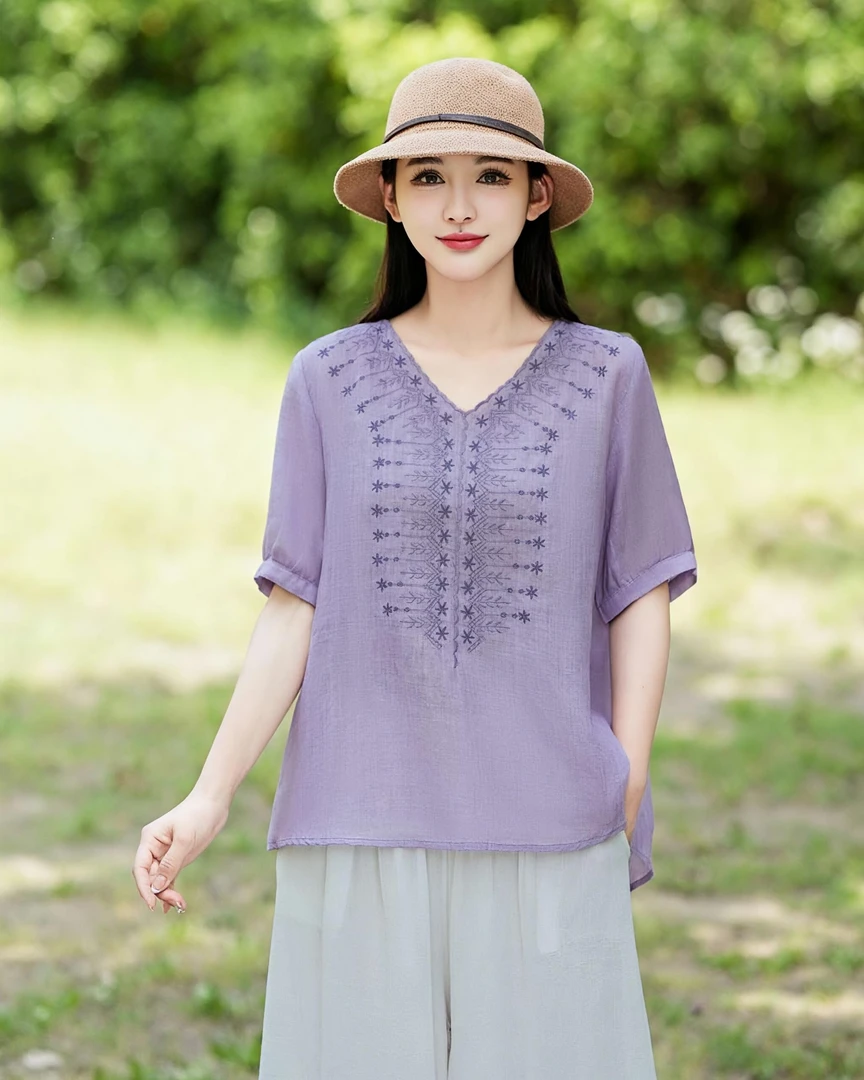 V领刺绣苎麻衬衫52068