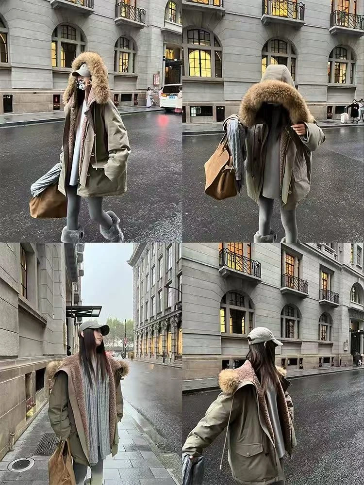 气质工装毛领棉服连帽外套宽松冬季加厚保暖派克服928