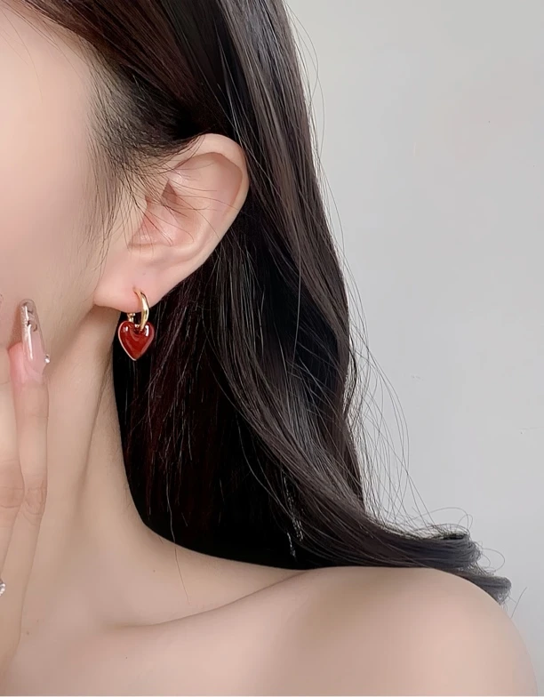 925银耳饰 925银针 ins风复古滴釉爱心耳饰 气质高级时尚