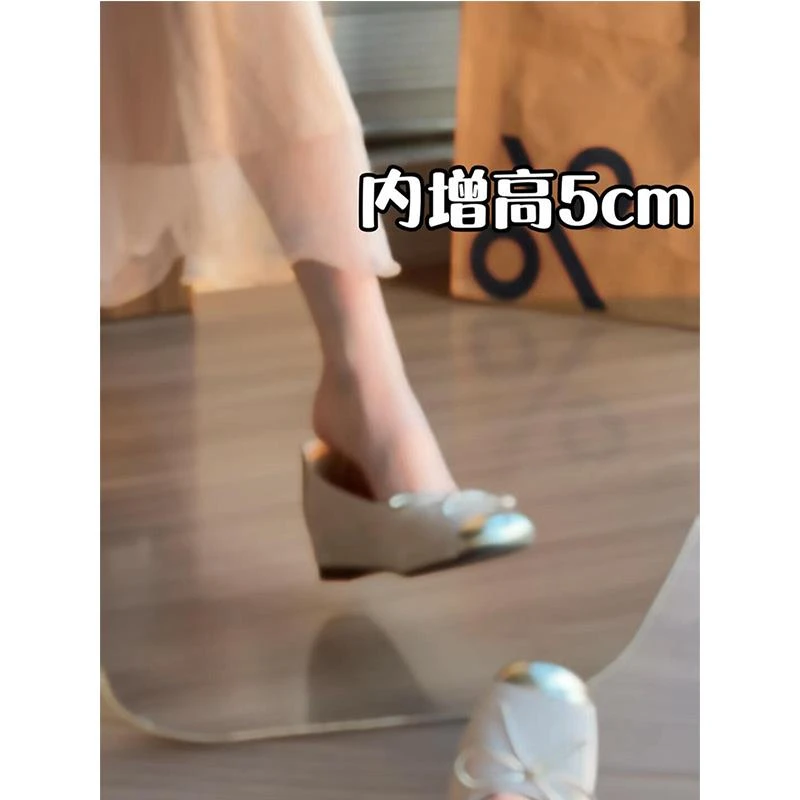 羊皮版~5cm内增高小个子复古玛丽珍鞋女蝴蝶结浅口单鞋芭蕾舞鞋