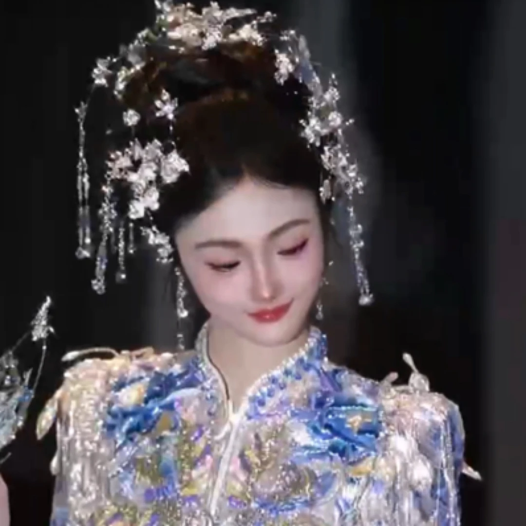 红蓝新娘头饰古风步摇新娘大气气质宫廷蓝色结婚奢华明制简约