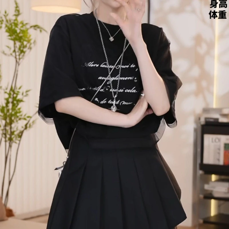 『变奏曲』20新款夏季网纱时尚百搭宽松显瘦假两件短袖T恤LK2503077