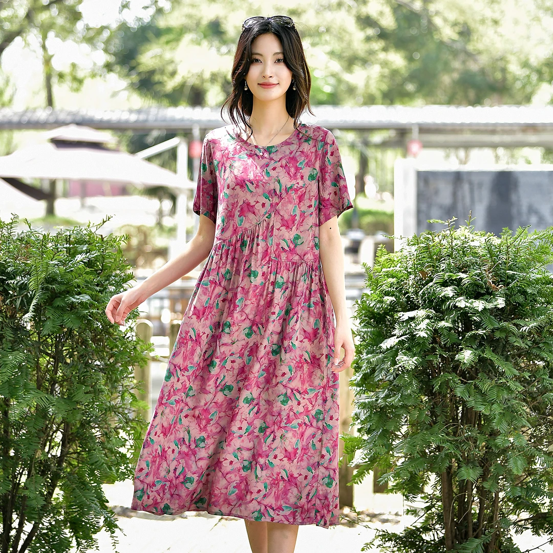 2025夏季新款棉绸连衣裙女中长款宽松大码时尚外穿人造棉绵绸裙子