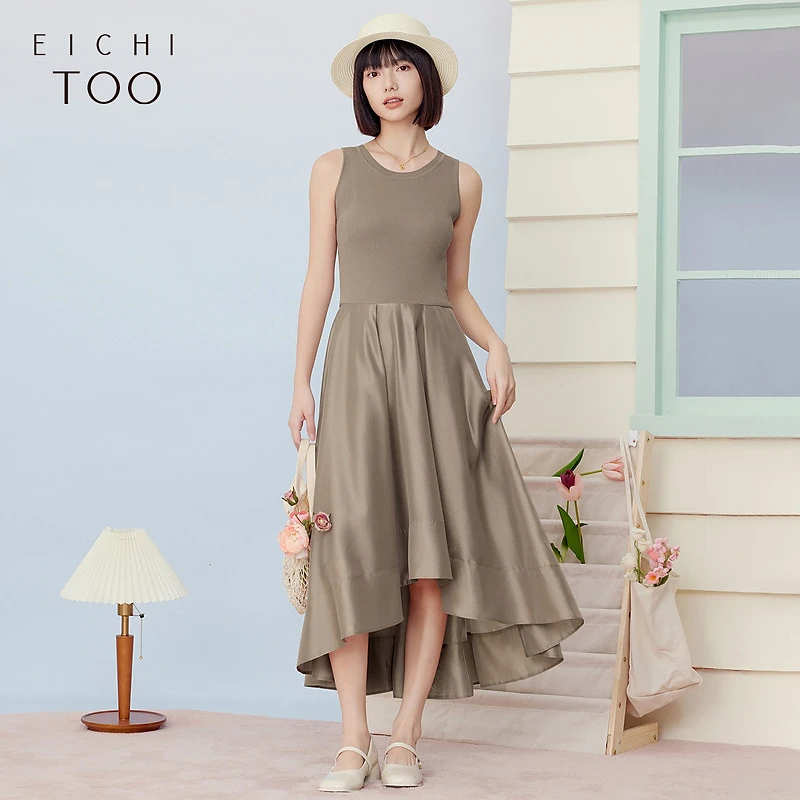 爱居兔春新休闲时尚设计感卡其色背心针织衫连衣裙EQLSJ1P002A