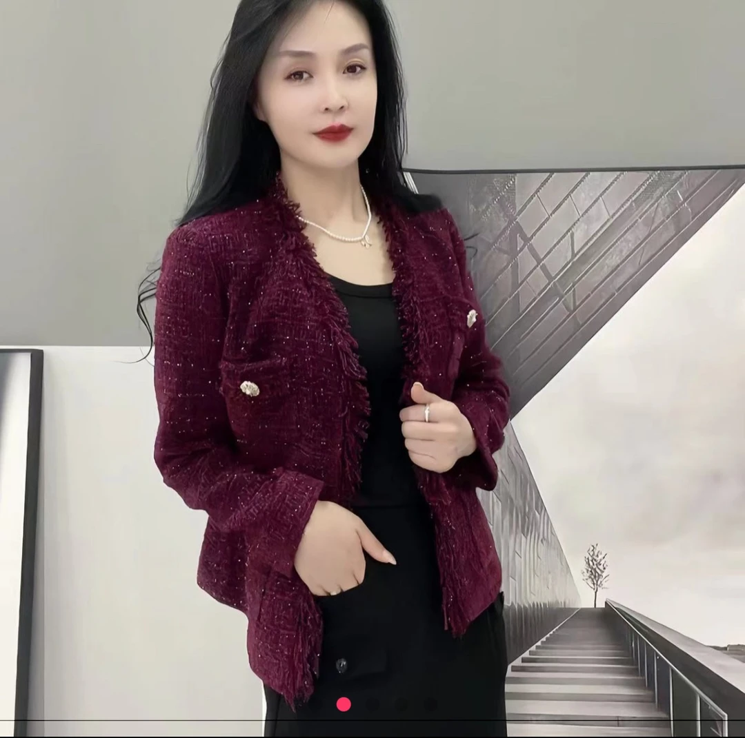 口袋紫红香风春季显瘦粗花呢女小香风耐磨气质短外套V领ins长袖
