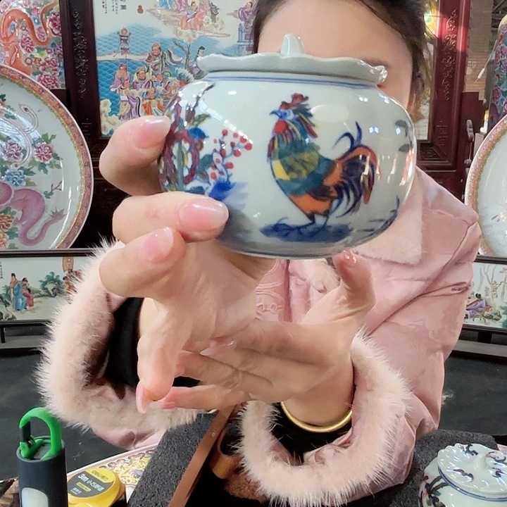 摆件陶景德镇高温陶瓷鸡画片绿希茶叶罐