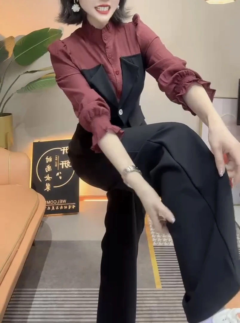 2025年春季网红新款时尚法式泡泡袖西装拼接显瘦衬衫阔腿裤套装女