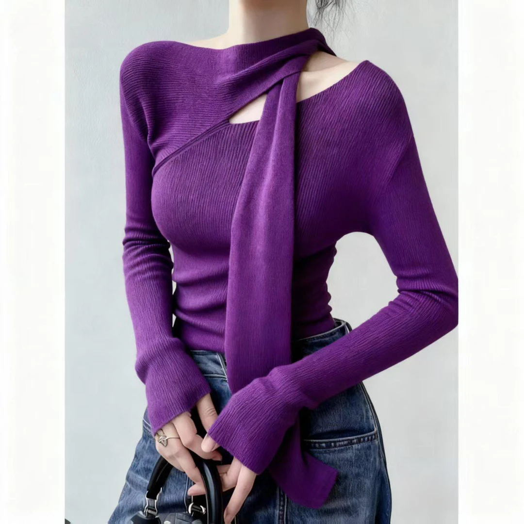 秋季独特超好看单穿上衣法式小众设计感洋气减龄通勤风紫色针织衫