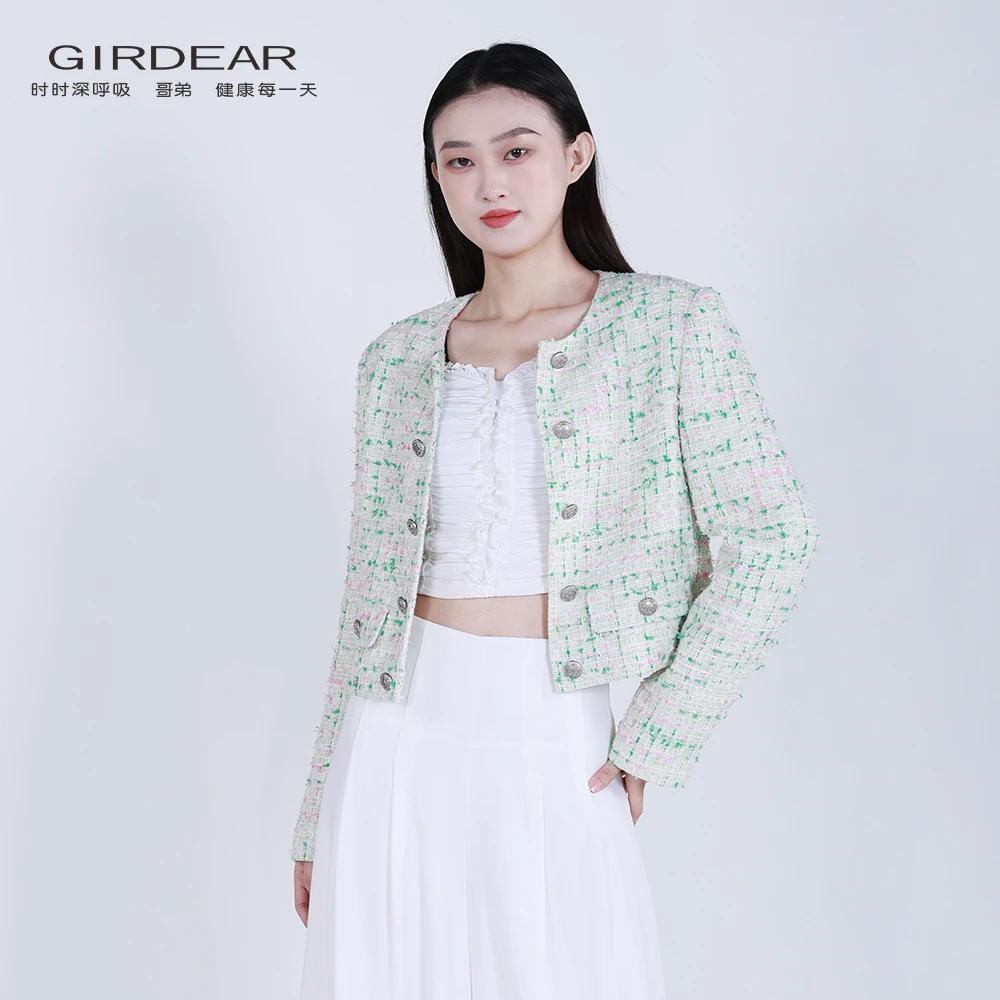 GIRDEAR/哥弟 新款质感简约肌理感圆领短款小香风外套女1400680