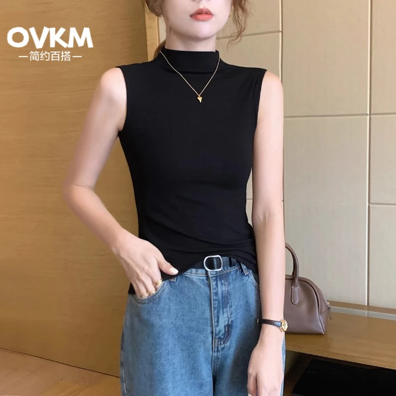 OVKM黑色半高领无袖背心女春秋季2025新款修身打底衫螺纹内搭外穿