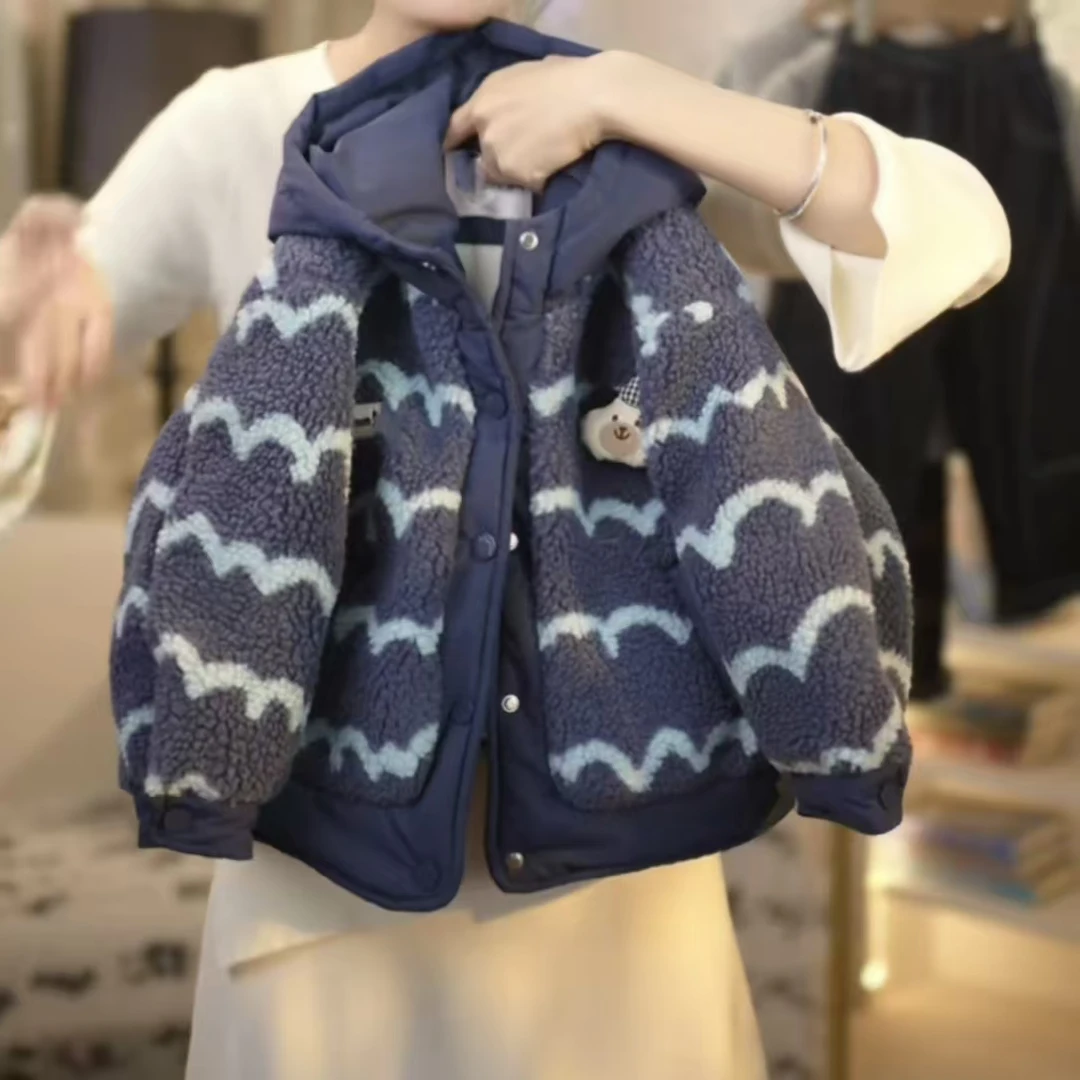 男童摇粒绒毛毛衣外套2025新款儿童冬季加绒加厚男孩保暖连帽棉衣