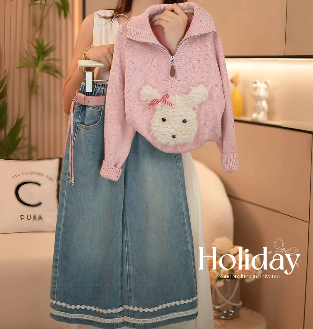 女童2025秋季新款毛衣针织衫休闲牛仔裤套装