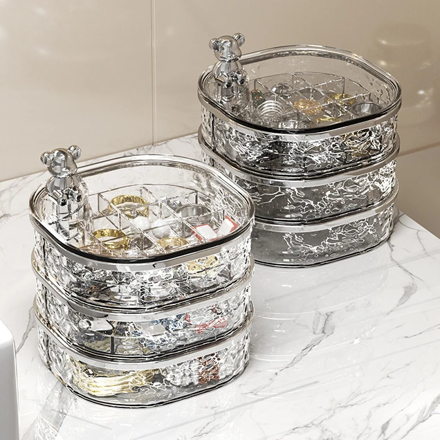 高档轻奢水波纹首饰盒项链戒指耳环钉收纳盒多层大容量旋转饰品盒