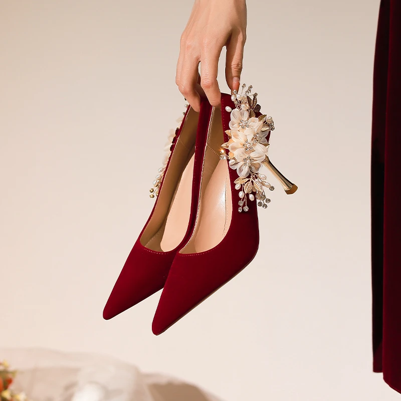 【池美】小众水钻花朵红色高跟鞋婚鞋女2025新款结婚新娘鞋不累脚
