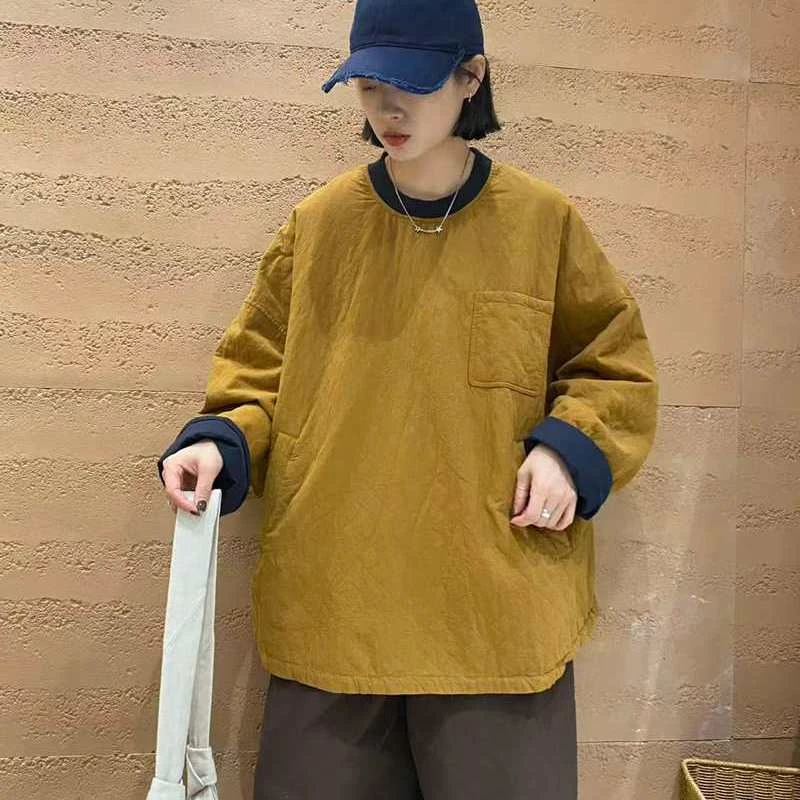 TY53777圆领棉服女中长款外套菱格压线大码撞色纯棉2025秋冬新款