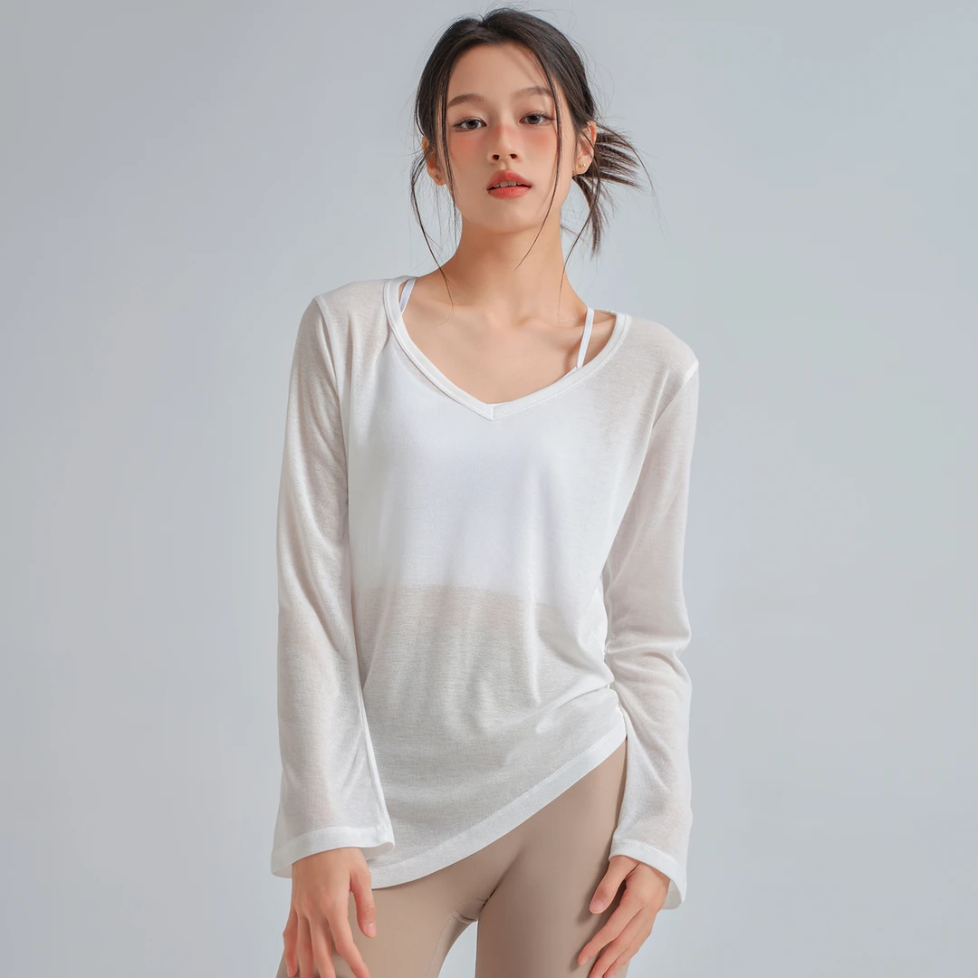 宽松运动罩衫女显瘦瑜伽服上衣长袖T恤健身服夏季薄款透气训练服