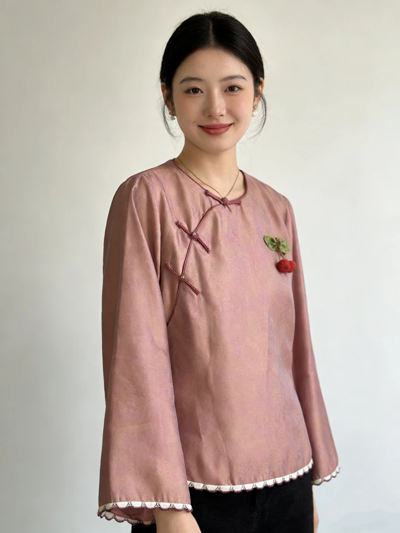 樱美嘉100桑蚕丝新中式流光绸打底衬衫女中国风提花汉服L290