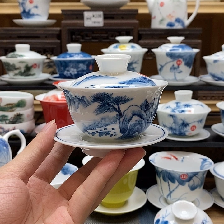 手绘山居图盖碗120cc釉下彩微瑕福利款